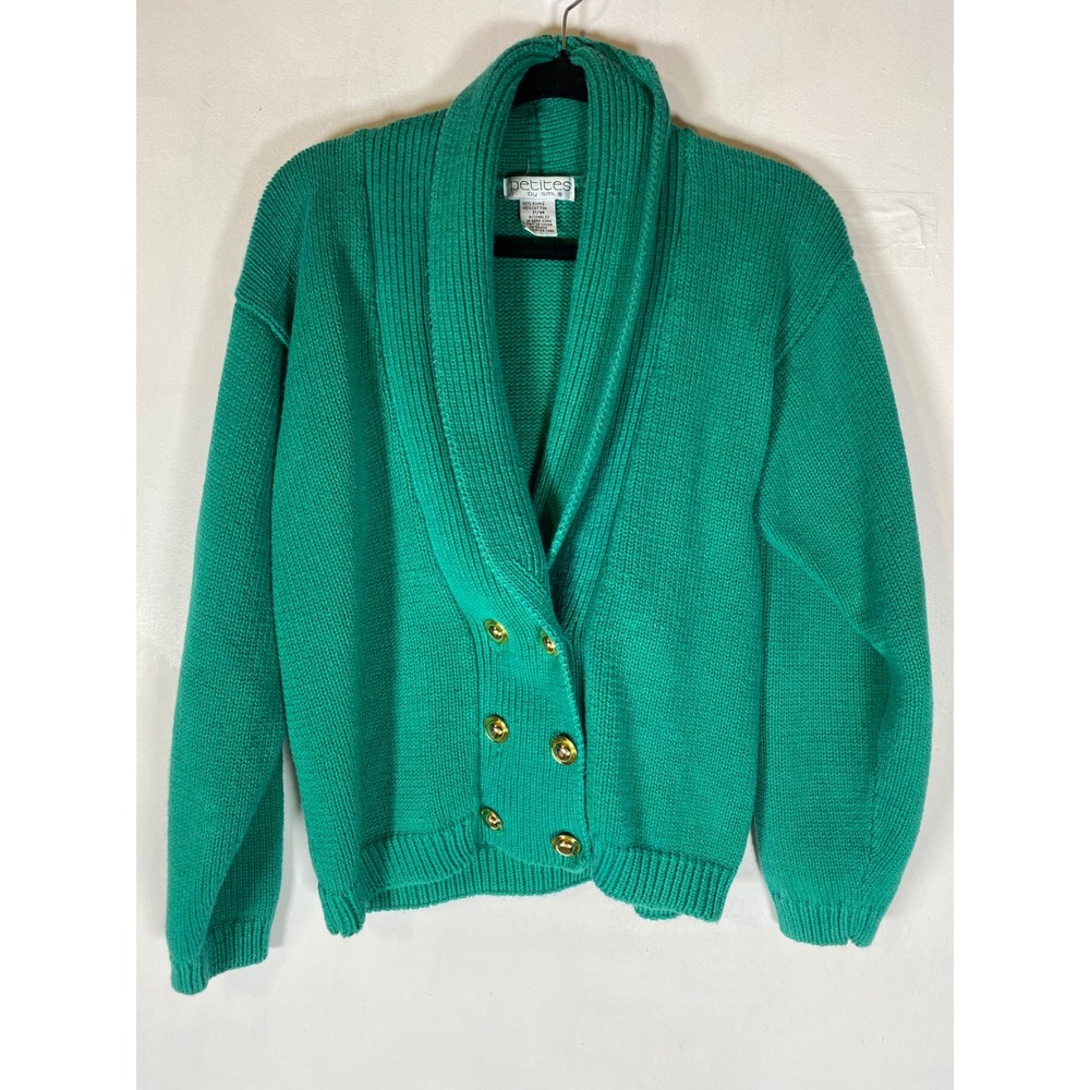 Vintage Emerald Green Ramie Cotton Shawl Collar Cardigan PM Gold Buttons